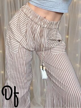 Striped High-Rise Wide Leg Pants 100% Cotton- Taupe/White Size M